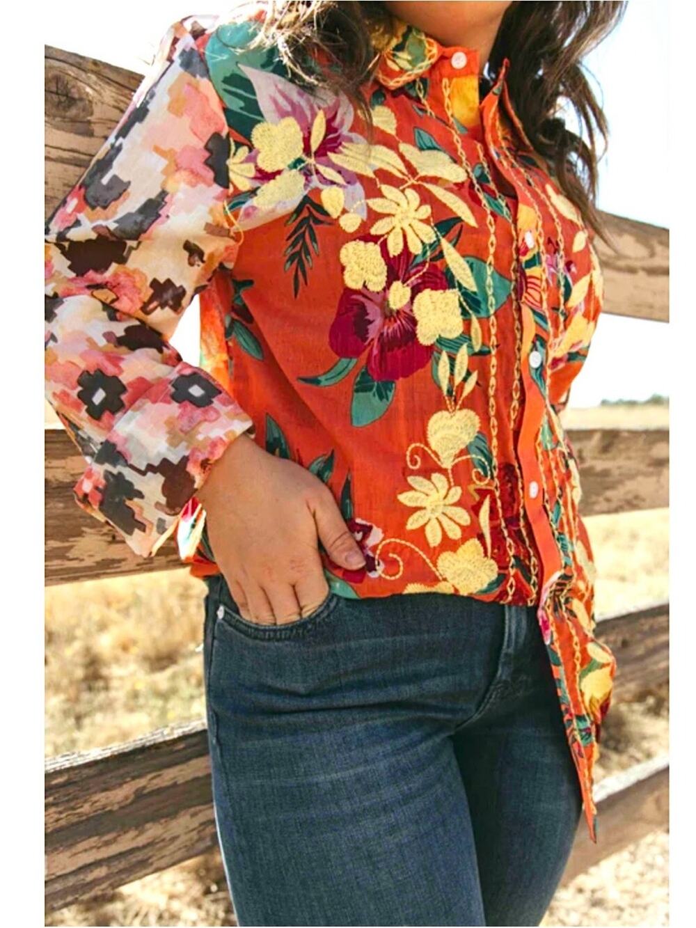 The Nu Vintage BarnKat Clothing Olivia Kay Orange Embroidered Button Up Top M